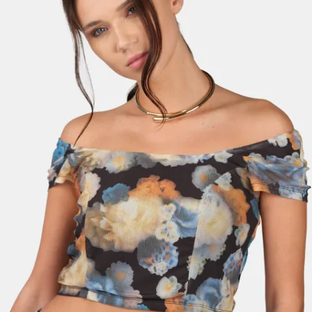 Mesh Abstract Print Fitted Top