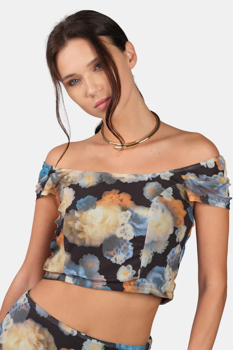 Mesh Abstract Print Fitted Top