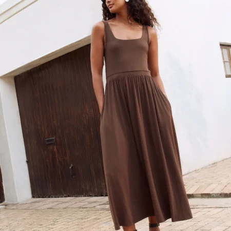 Brown Jersey Waisted Dress