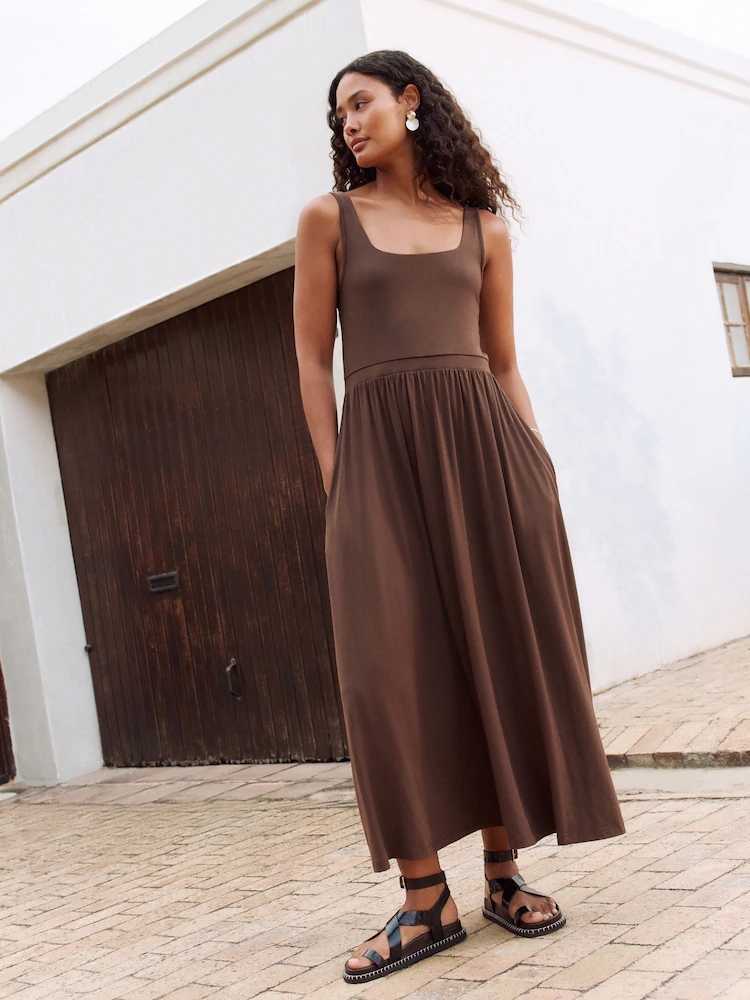 Brown Jersey Waisted Dress