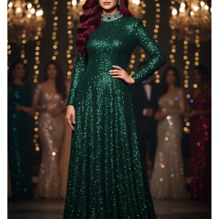 Jatin Enterprise Emerald Dream Sequin Gown – Dazzling Deep V Back & High Slit