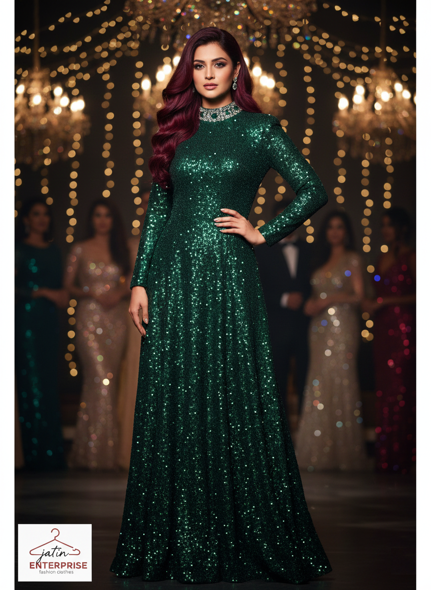 Jatin Enterprise Emerald Dream Sequin Gown – Dazzling Deep V Back & High Slit