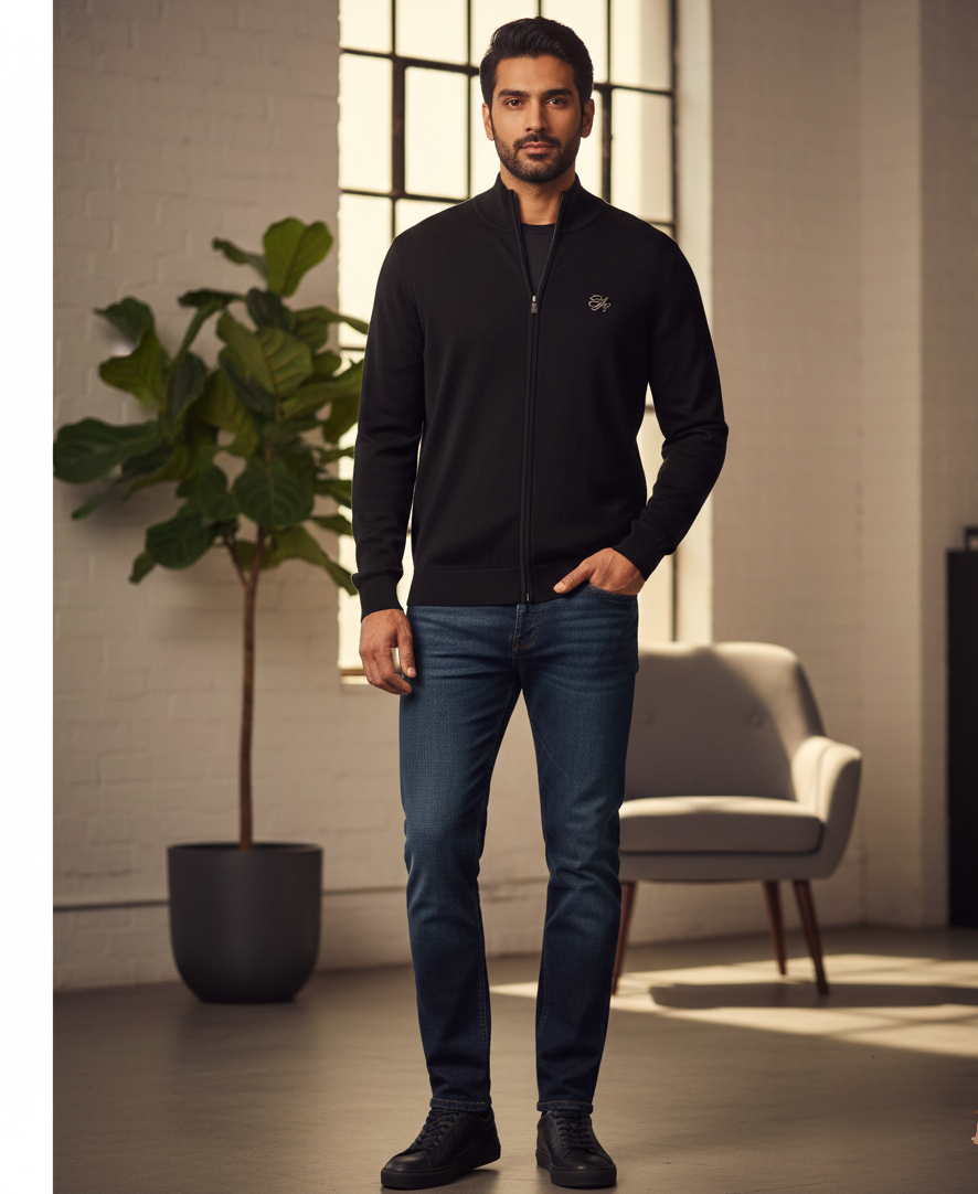 The Noir Luxe Fine-Knit Zip Cardigan