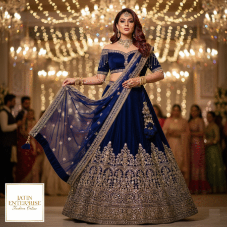 Jatin Enterprise Opulent Sapphire Velvet Lehenga – Hand-Embroidered Gold Zari Work
