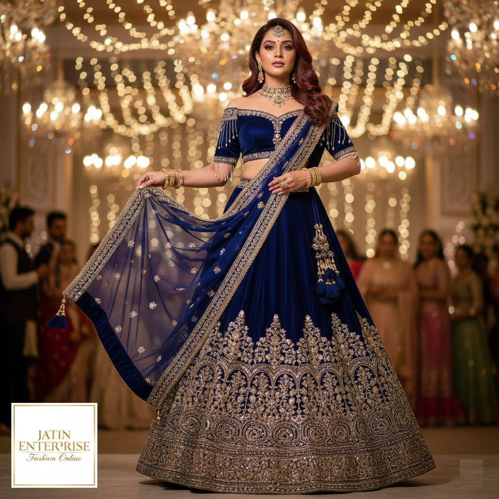 Jatin Enterprise Opulent Sapphire Velvet Lehenga – Hand-Embroidered Gold Zari Work