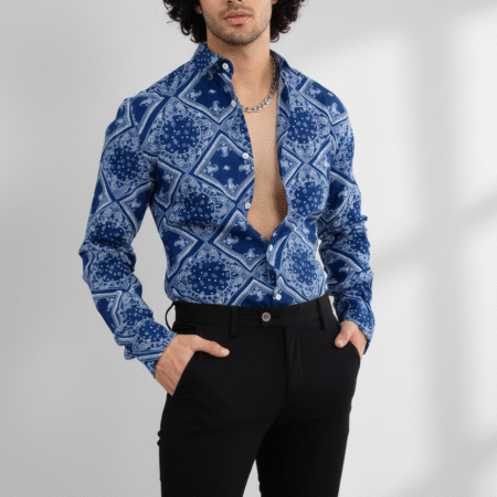 Jatin Enterprise Men's Bold Blue Bandana Print Shirt – Slim Fit Party Wear