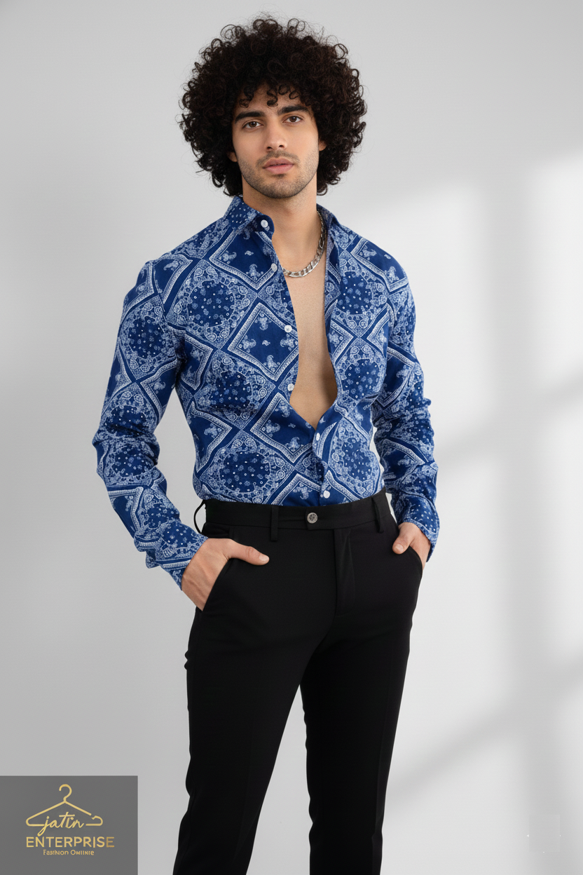 Jatin Enterprise Men's Bold Blue Bandana Print Shirt – Slim Fit Party Wear
